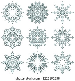 Colección vectorial de copos artísticos de nieve abstracta de cristal aislados en el fondo como grupo de decoración o colección de diciembre de invierno. Hielo o escarcha hermosa silueta de ornamento estrella o arte de temporada