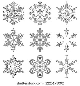 Colección vectorial de copos artísticos de nieve abstracta de cristal aislados en el fondo como grupo de decoración o colección de diciembre de invierno. Hielo o escarcha hermosa silueta de ornamento estrella o arte de temporada