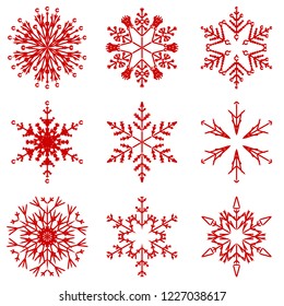 Colección vectorial de copos artísticos de nieve abstracta de cristal aislados en el fondo como grupo de decoración o colección de diciembre de invierno. Hielo o escarcha hermosa silueta de ornamento estrella o arte de temporada