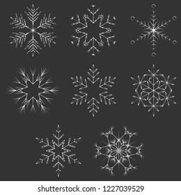 Vector collection of artistic icy abstract crystal snow flakes isolated on background as winter december decoration group or collection. Ice or frost beautiful star ornament silhouette or season art
