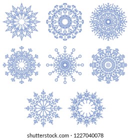 Vector collection of artistic icy abstract crystal snow flakes isolated on background as winter december decoration group or collection. Ice or frost beautiful star ornament silhouette or season art