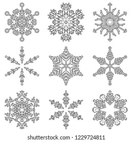 Colección vectorial de copos artísticos de nieve abstracta de cristal aislados en el fondo como grupo de decoración o colección de diciembre de invierno. Hielo o escarcha hermosa silueta de ornamento estrella o arte de temporada