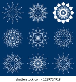 Vector collection of artistic icy abstract crystal snow flakes isolated on background as winter december decoration group or collection. Ice or frost beautiful star ornament silhouette or season art