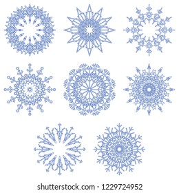 Vector collection of artistic icy abstract crystal snow flakes isolated on background as winter december decoration group or collection. Ice or frost beautiful star ornament silhouette or season art