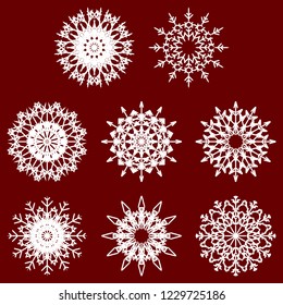Vector collection of artistic icy abstract crystal snow flakes isolated on background as winter december decoration group or collection. Ice or frost beautiful star ornament silhouette or season art