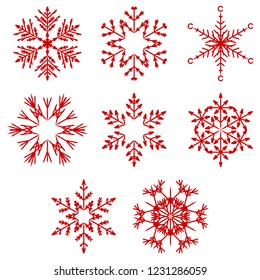 Vector collection of artistic icy abstract crystal snow flakes isolated on background as winter december decoration group or collection. Ice or frost beautiful star ornament silhouette or season art