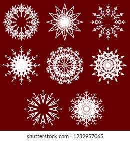 Vector collection of artistic icy abstract crystal snow flakes isolated on background as winter december decoration group or collection. Ice or frost beautiful star ornament silhouette or season art