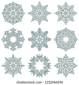 Vector collection of artistic icy abstract crystal snow flakes isolated on background as winter december decoration group or collection. Ice or frost beautiful star ornament silhouette or season art