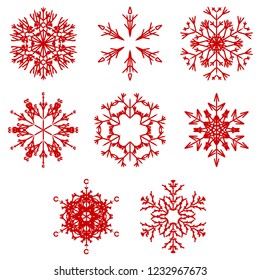 Colección vectorial de copos artísticos de nieve abstracta de cristal aislados en el fondo como grupo de decoración o colección de diciembre de invierno. Hielo o escarcha hermosa silueta de ornamento estrella o arte de temporada