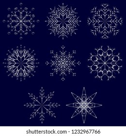 Colección vectorial de copos artísticos de nieve abstracta de cristal aislados en el fondo como grupo de decoración o colección de diciembre de invierno. Hielo o escarcha hermosa silueta de ornamento estrella o arte de temporada