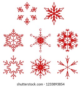 Colección vectorial de copos artísticos de nieve abstracta de cristal aislados en el fondo como grupo de decoración o colección de diciembre de invierno. Hielo o escarcha hermosa silueta de ornamento estrella o arte de temporada