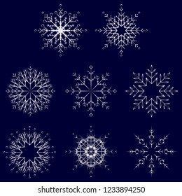 Vector collection of artistic icy abstract crystal snow flakes isolated on background as winter december decoration group or collection. Ice or frost beautiful star ornament silhouette or season art