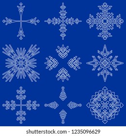 Colección vectorial de copos artísticos de nieve abstracta de cristal aislados en el fondo como grupo de decoración o colección de diciembre de invierno. Hielo o escarcha hermosa silueta de ornamento estrella o arte de temporada