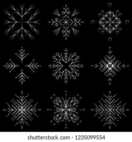 Vector collection of artistic icy abstract crystal snow flakes isolated on background as winter december decoration group or collection. Ice or frost beautiful star ornament silhouette or season art
