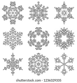 Colección vectorial de copos artísticos de nieve abstracta de cristal aislados en el fondo como grupo de decoración o colección de diciembre de invierno. Hielo o escarcha hermosa silueta de ornamento estrella o arte de temporada