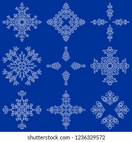 Vector collection of artistic icy abstract crystal snow flakes isolated on background as winter december decoration group or collection. Ice or frost beautiful star ornament silhouette or season art