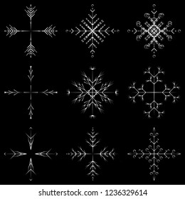 Vector collection of artistic icy abstract crystal snow flakes isolated on background as winter december decoration group or collection. Ice or frost beautiful star ornament silhouette or season art