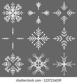 Vector collection of artistic icy abstract crystal snow flakes isolated on background as winter december decoration group or collection. Ice or frost beautiful star ornament silhouette or season art