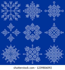 Vector collection of artistic icy abstract crystal snow flakes isolated on background as winter december decoration group or collection. Ice or frost beautiful star ornament silhouette or season art