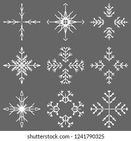 Colección vectorial de copos artísticos de nieve abstracta de cristal aislados en el fondo como grupo de decoración o colección de diciembre de invierno. Hielo o escarcha hermosa silueta de ornamento estrella o arte de temporada