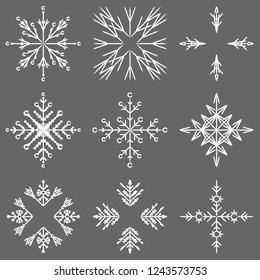 Colección vectorial de copos artísticos de nieve abstracta de cristal aislados en el fondo como grupo de decoración o colección de diciembre de invierno. Hielo o escarcha hermosa silueta de ornamento estrella o arte de temporada