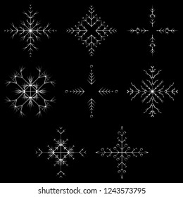 Vector collection of artistic icy abstract crystal snow flakes isolated on background as winter december decoration group or collection. Ice or frost beautiful star ornament silhouette or season art