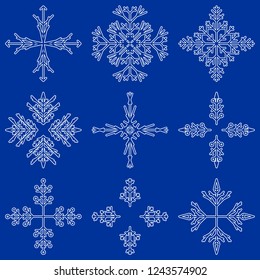 Vector collection of artistic icy abstract crystal snow flakes isolated on background as winter december decoration group or collection. Ice or frost beautiful star ornament silhouette or season art