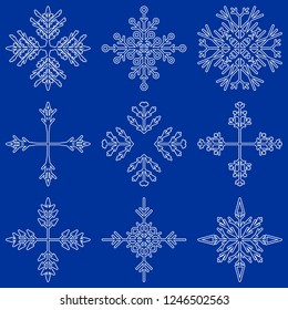 Vector collection of artistic icy abstract crystal snow flakes isolated on background as winter december decoration group or collection. Ice or frost beautiful star ornament silhouette or season art