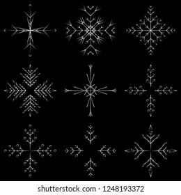 Vector collection of artistic icy abstract crystal snow flakes isolated on background as winter december decoration group or collection. Ice or frost beautiful star ornament silhouette or season art