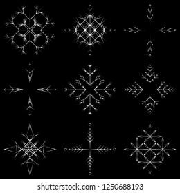 Vector collection of artistic icy abstract crystal snow flakes isolated on background as winter december decoration group or collection. Ice or frost beautiful star ornament silhouette or season art