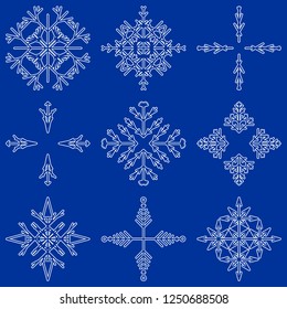 Vector collection of artistic icy abstract crystal snow flakes isolated on background as winter december decoration group or collection. Ice or frost beautiful star ornament silhouette or season art
