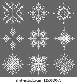 Vector collection of artistic icy abstract crystal snow flakes isolated on background as winter december decoration group or collection. Ice or frost beautiful star ornament silhouette or season art