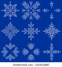 Vektorgrafik von künstlerischen, eisigen abstrakten Kristallschneeflocken einzeln auf dem Hintergrund als Winterdekorationsgruppe oder Kollektion. Eis oder Frost Schöne Sternschmuck-Silhouette oder Saisonkunst