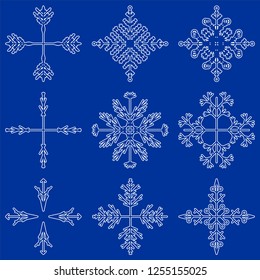 Colección vectorial de copos artísticos de nieve abstracta de cristal aislados en el fondo como grupo de decoración o colección de diciembre de invierno. Hielo o escarcha hermosa silueta de ornamento estrella o arte de temporada