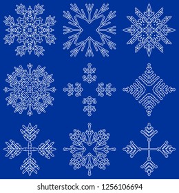 Colección vectorial de copos artísticos de nieve abstracta de cristal aislados en el fondo como grupo de decoración o colección de diciembre de invierno. Hielo o escarcha hermosa silueta de ornamento estrella o arte de temporada