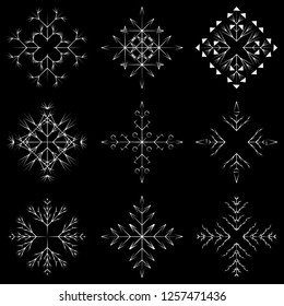 Vector collection of artistic icy abstract crystal snow flakes isolated on background as winter december decoration group or collection. Ice or frost beautiful star ornament silhouette or season art