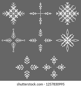 Vektorgrafik von künstlerischen, eisigen abstrakten Kristallschneeflocken einzeln auf dem Hintergrund als Winterdekorationsgruppe oder Kollektion. Eis oder Frost Schöne Sternschmuck-Silhouette oder Saisonkunst