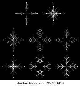 Vector collection of artistic icy abstract crystal snow flakes isolated on background as winter december decoration group or collection. Ice or frost beautiful star ornament silhouette or season art