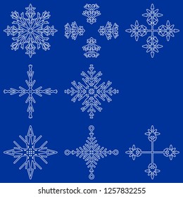 Colección vectorial de copos artísticos de nieve abstracta de cristal aislados en el fondo como grupo de decoración o colección de diciembre de invierno. Hielo o escarcha hermosa silueta de ornamento estrella o arte de temporada