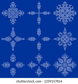 Vector collection of artistic icy abstract crystal snow flakes isolated on background as winter december decoration group or collection. Ice or frost beautiful star ornament silhouette or season art