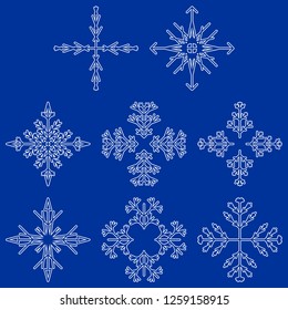 Vector collection of artistic icy abstract crystal snow flakes isolated on background as winter december decoration group or collection. Ice or frost beautiful star ornament silhouette or season art