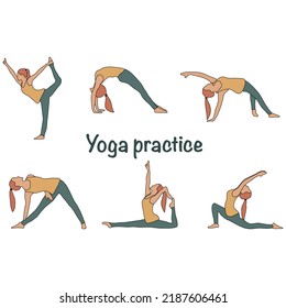 Colección vectorial de asanas. Siluetas aisladas de niñas practicando yoga en un fondo blanco. Ilustración plana colorida.
