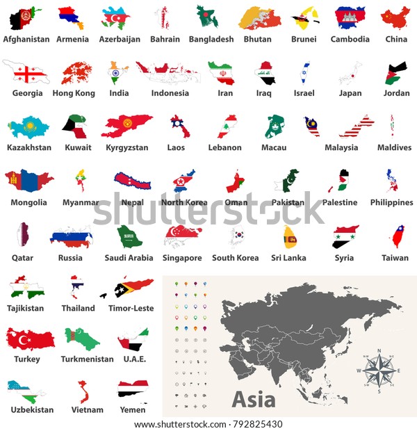 国旗と組み合わせたアジアの国の地図のベクター画像コレクション アジア大陸の政治地図 ナビゲーションと場所のアイコン のベクター画像素材 ロイヤリティフリー