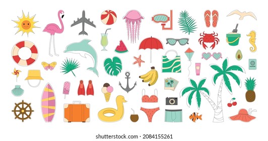 Vector collection of attributes for sea recreation. Hand draw sticker illustrations.