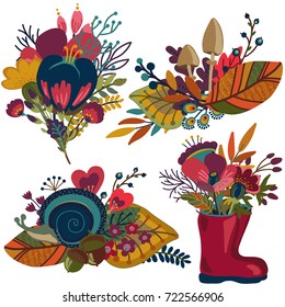 Vector collection of autumn bouquets, fall compositions for greeting cards, invitations, posters with beautiful bright leaves, flowers, branches, berries.