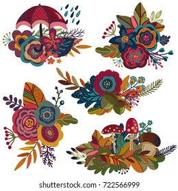Vector collection of autumn bouquets, fall compositions for greeting cards, invitations, posters with beautiful bright leaves, flowers, branches, berries, mushrooms, umbrella