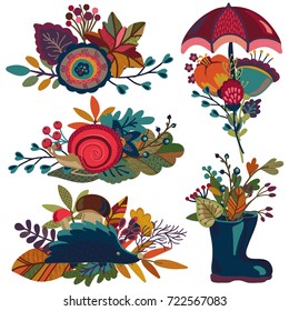 Vector collection of autumn bouquets, fall compositions for greeting cards, invitations, posters with beautiful bright leaves, flowers, branches, berries, mushrooms, umbrella