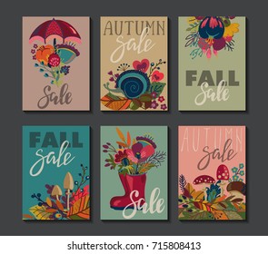 Vector collection of autumn cards. Fall flyer templates with hand lettering text. Bright leaves, trees, flowers, mushrooms. Poster, calendar, note, label banner design set.