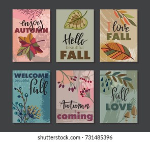 Vector collection of autumn cards. Fall flyer templates with hand lettering text. Bright colorful leaves and abstract texture. Poster, calendar, note, label, schedule, planner, banner design set.