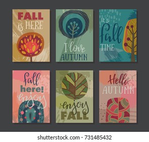 Vector collection of autumn cards. Fall banner templates with hand lettering text. Bright colorful trees and abstract texture. Poster, calendar, note, label, schedule, planner, banner design set
